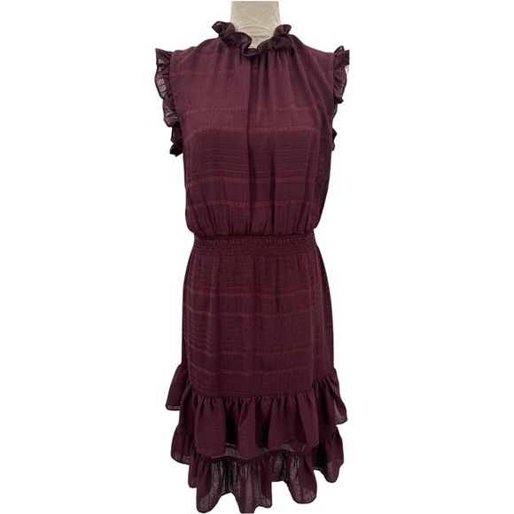 Avec Les Filles Mock Neck Ruffle A-Line Cocktail Dress - Burgundy Wine - Size 6 - Picture 1 of 9
